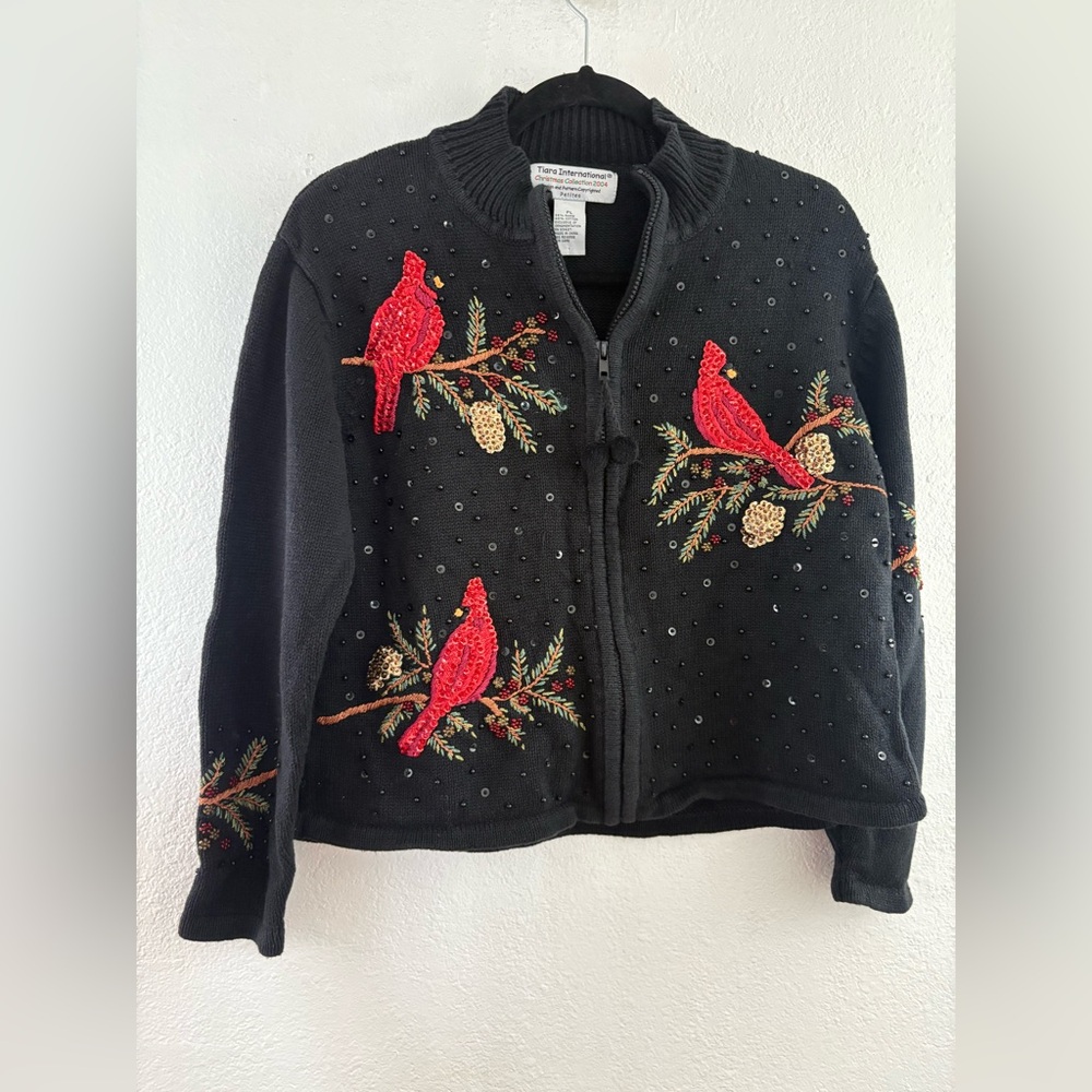Tiara International Vintage sequin beaded fairy grunge zip up cardinal bird sz L
